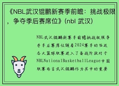《NBL武汉锟鹏新赛季前瞻：挑战极限，争夺季后赛席位》(nbl 武汉)
