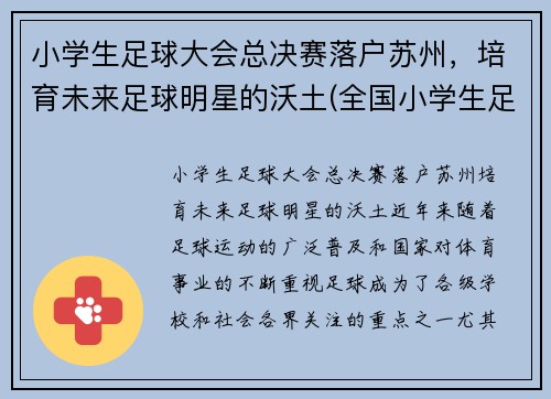 小学生足球大会总决赛落户苏州，培育未来足球明星的沃土(全国小学生足球大会)