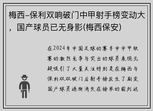 梅西-保利双响破门中甲射手榜变动大，国产球员已无身影(梅西保安)