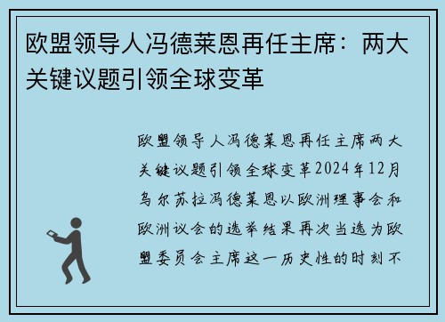 欧盟领导人冯德莱恩再任主席：两大关键议题引领全球变革