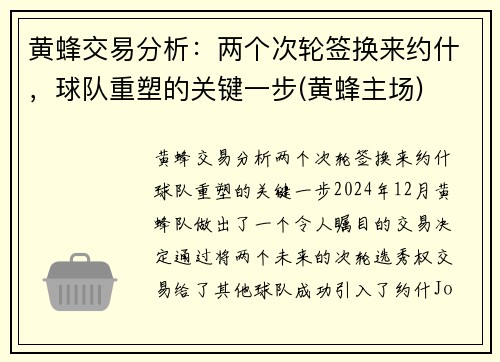 黄蜂交易分析：两个次轮签换来约什，球队重塑的关键一步(黄蜂主场)