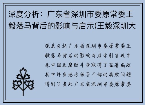 深度分析：广东省深圳市委原常委王毅落马背后的影响与启示(王毅深圳大学)